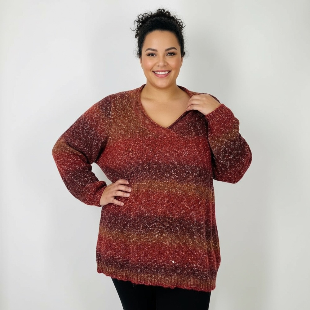 Catherines‎ 4X Red Orange Ombre Stripe V Neck Knit Sweater Plus Size
